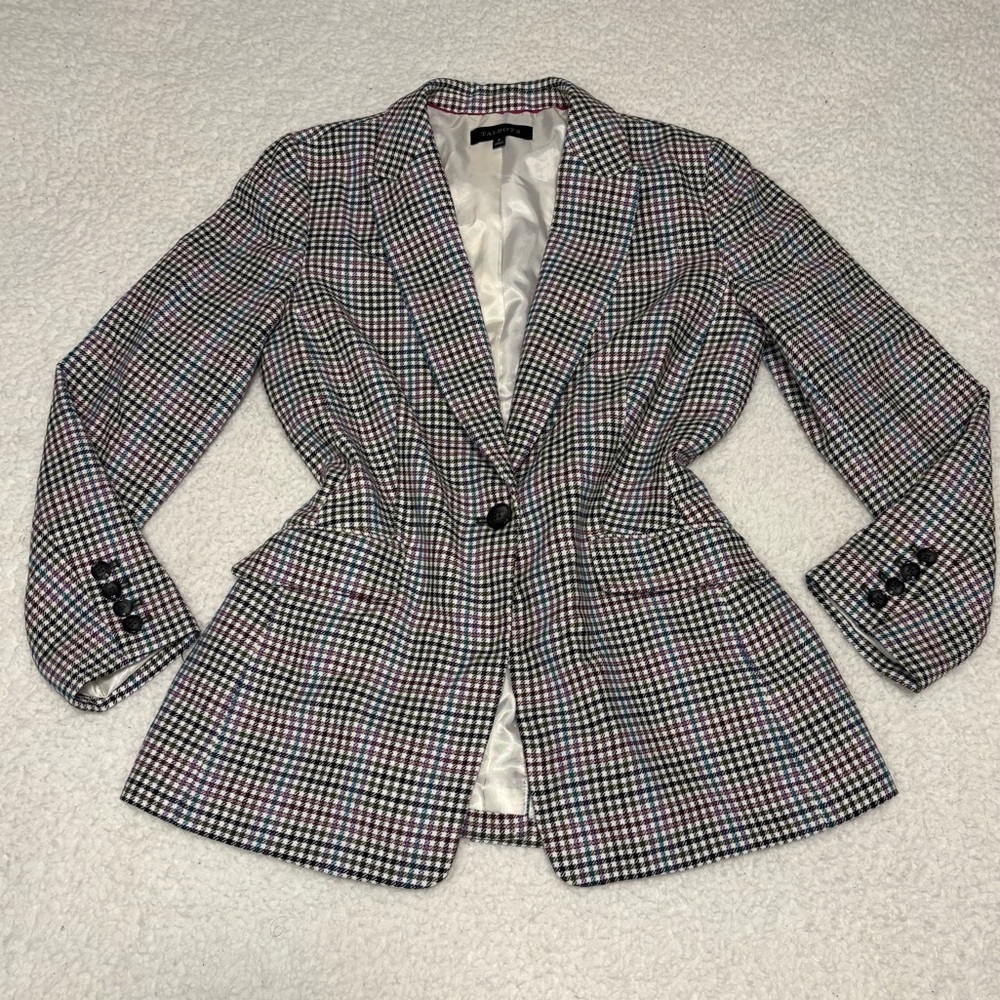 Talbots Women Multicolor Houndstooth Wool Blend Single Button Blazer